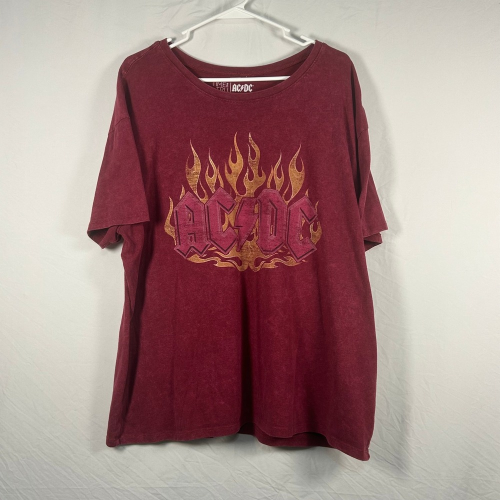 Time and Tru AC/DC Graphic T-Shirt Womens XXL Burgundy Flame Rock Band Tee